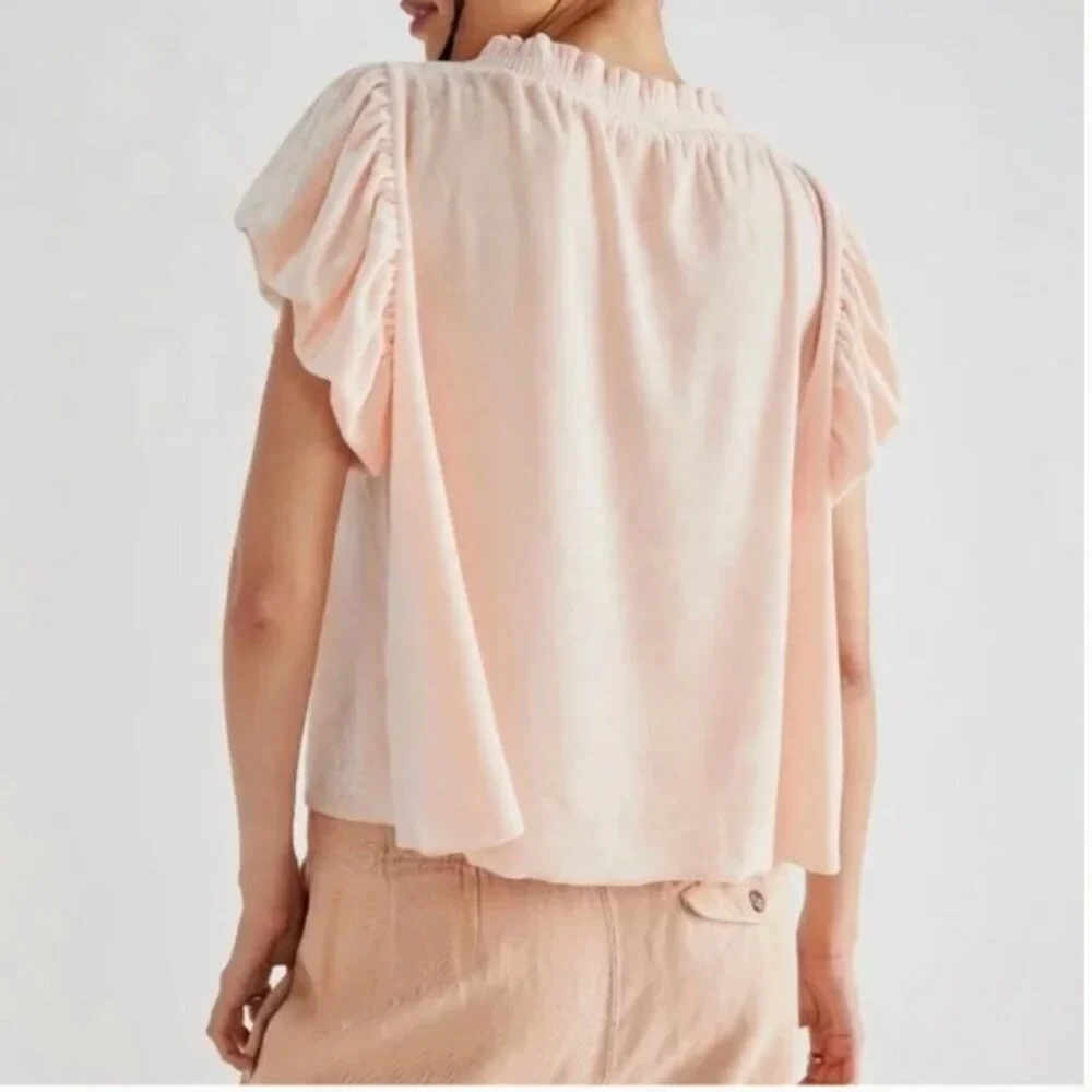 Free People Terese Velvet Top Short Sleeve Ruffle Tassel Light Pink New Small